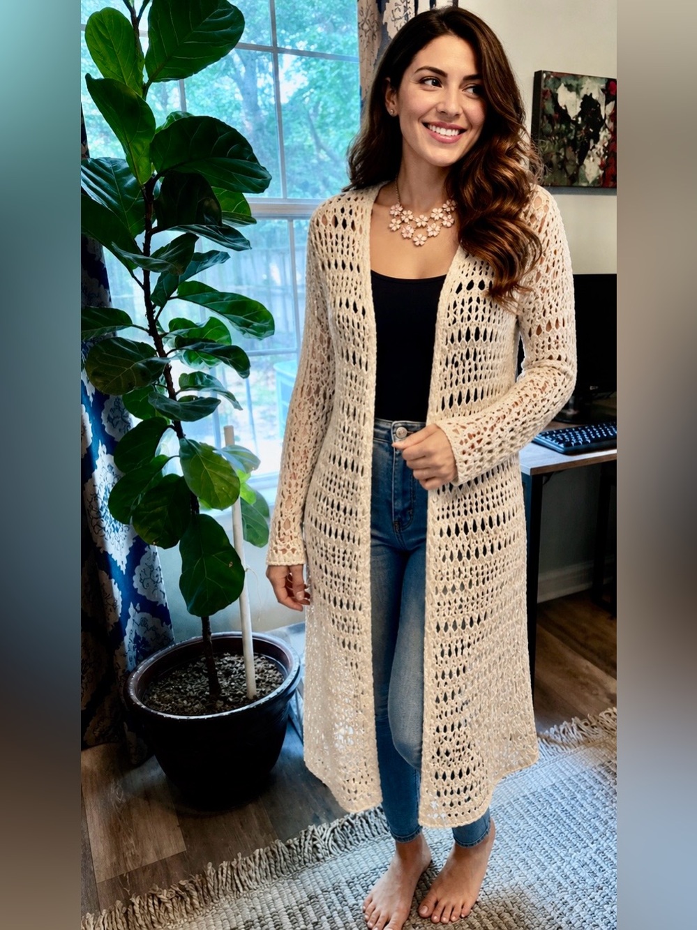American Eagle Outfitters Long Open-Knit crochet Cardigan Cream xs